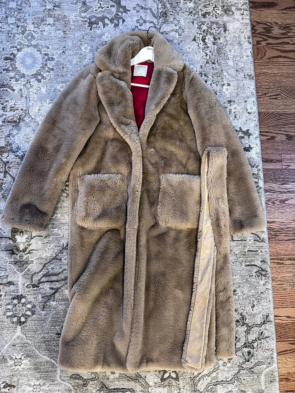 Sandro Long Faux Fur Coat Faux Fur Belted Teddy Coat in Brown